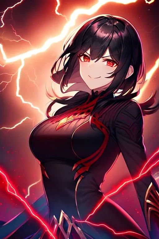 girl, masterpiece, best quality, cinematic lighting, detailed outfit, vibrant colors, perfect eyes, black hair, vibrant red eyes, lightning magic, angry, smile, evil look,