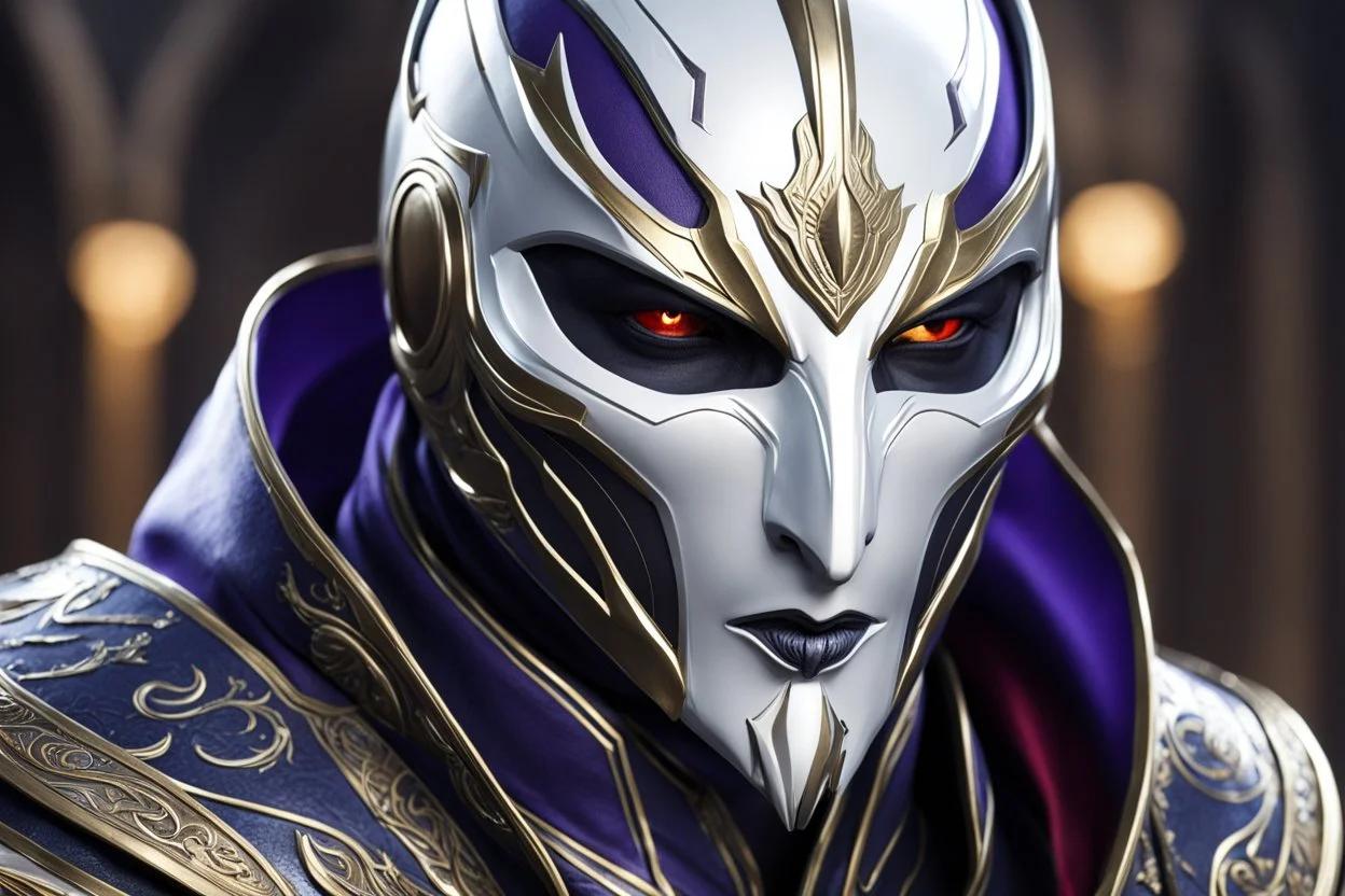 Jhin in 8k live action artstyle, white mask, close picture, intricate details, highly detailed, high details, detailed portrait, masterpiece,ultra detailed, ultra quality