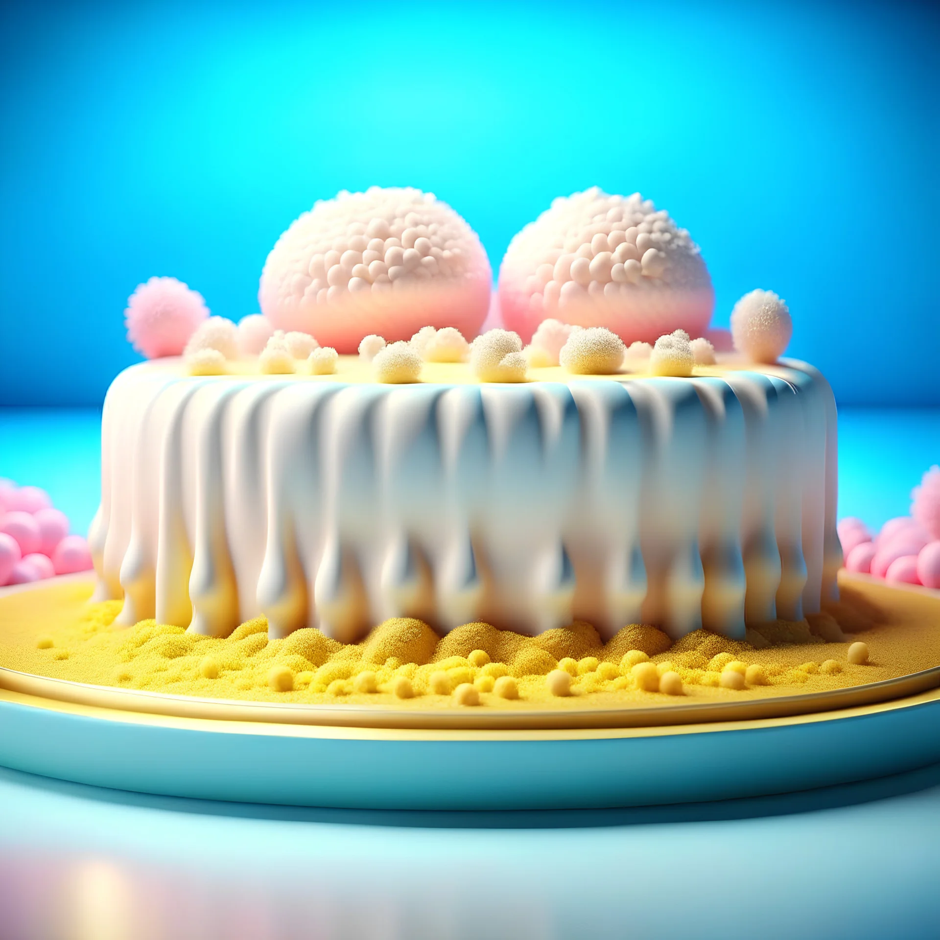 detailed peaceful landscape made of cake frosting, cotton candy, ice cream, strong texture, extreme detail, octane render with space in the center