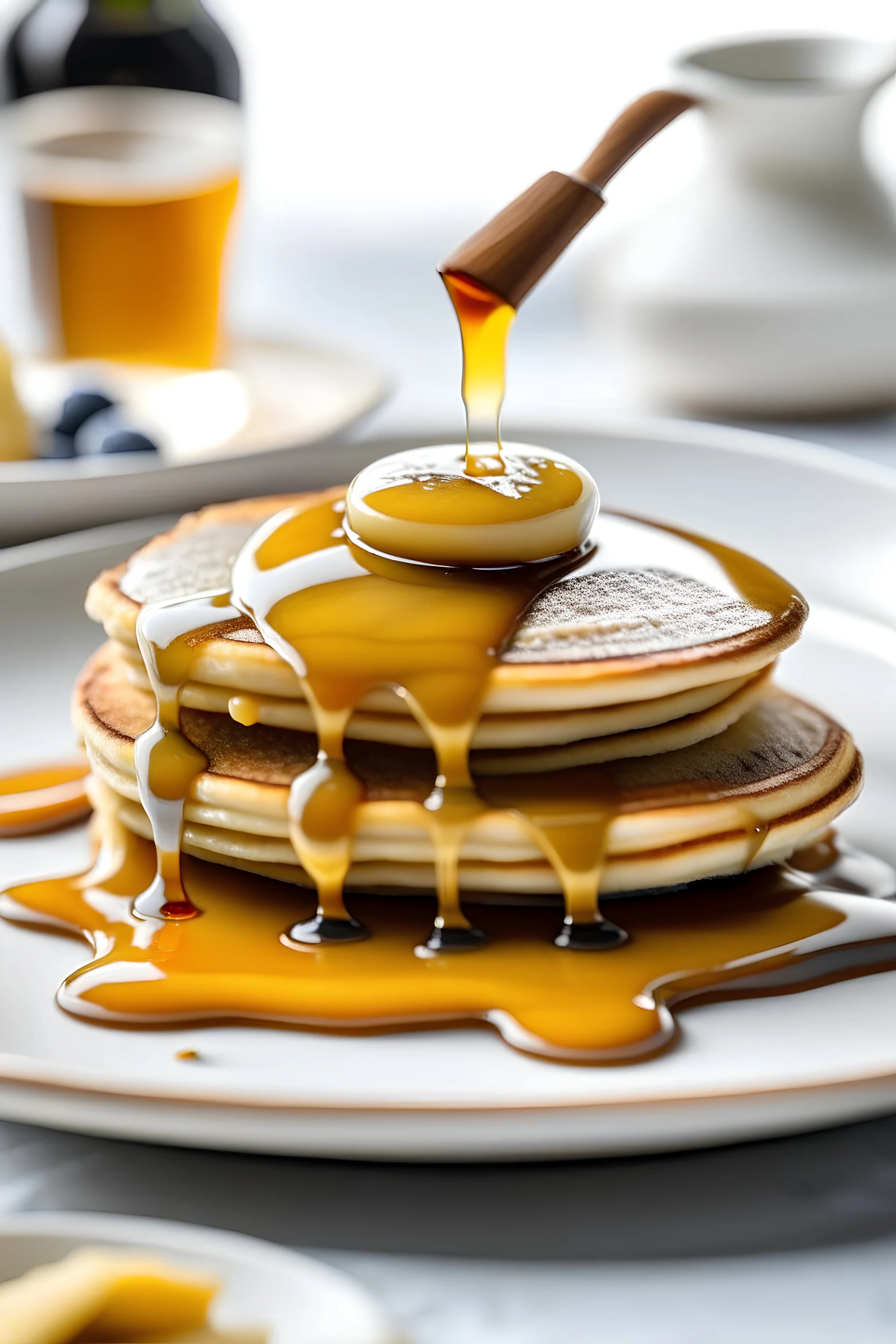 mouthwatering image of fluffly pancakes on a plate with a maple syrup pour