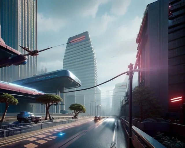 ultrarealistic, future city,__sci-fi buildings__, __angles__, technology and plant life, electricity theme, unreal engine, symmetry, purpose, simple, elegant, refined