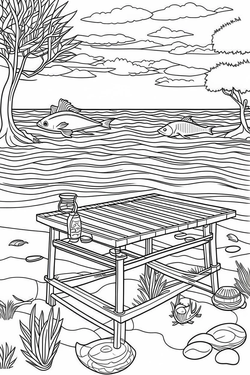 Outline art for coloring page, PICNIC TABLE WITH NETS ON THE TABLE AND FISH ON THE TABLE ON A HAWAII BEACH, coloring page, white background, Sketch style, only use outline, clean line art, white background, no shadows, no shading, no color, clear