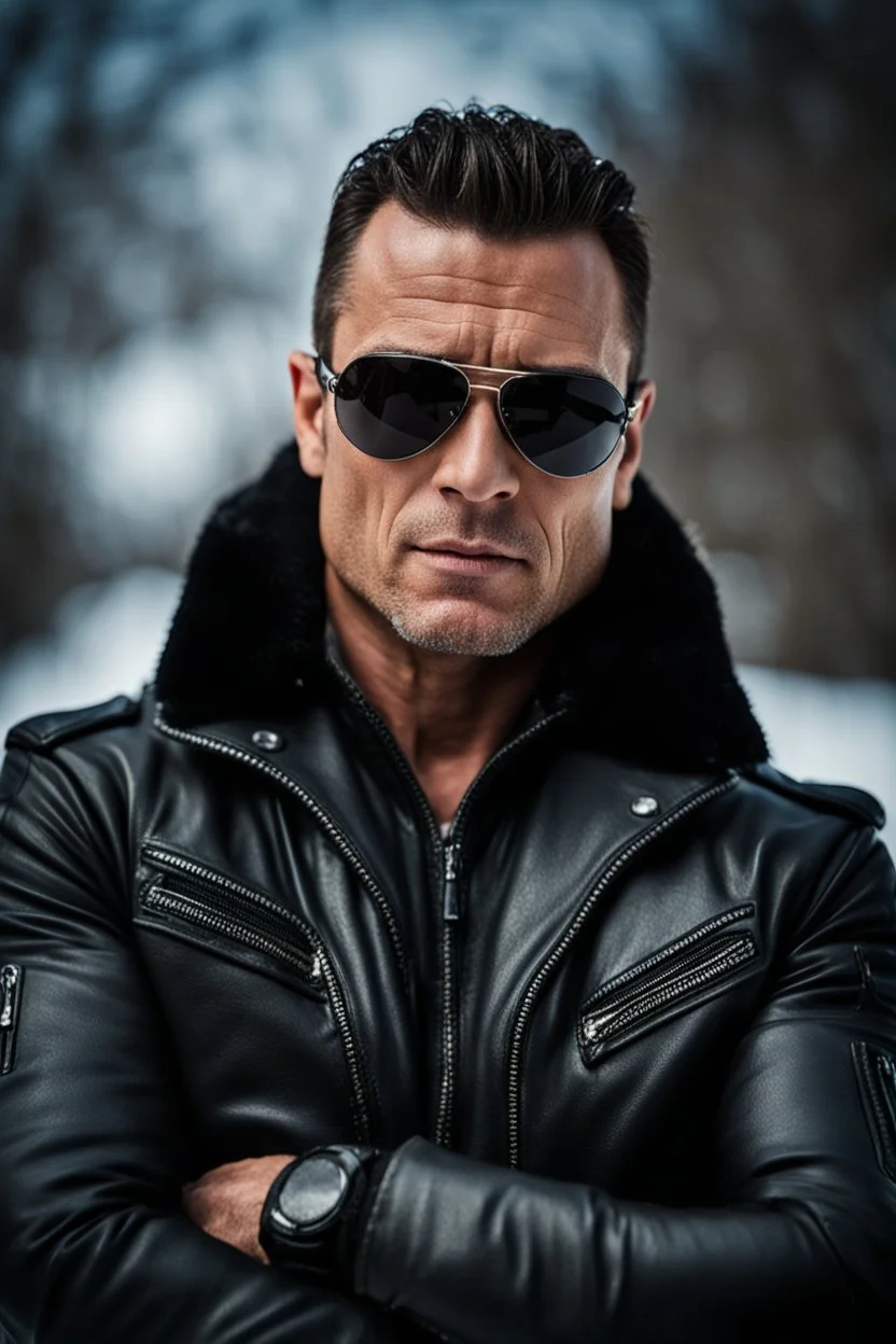 Handsome and muscular 40 year old Biker wearing a winter leather jacket and dark sunglasses standing with his arms folded in the snow