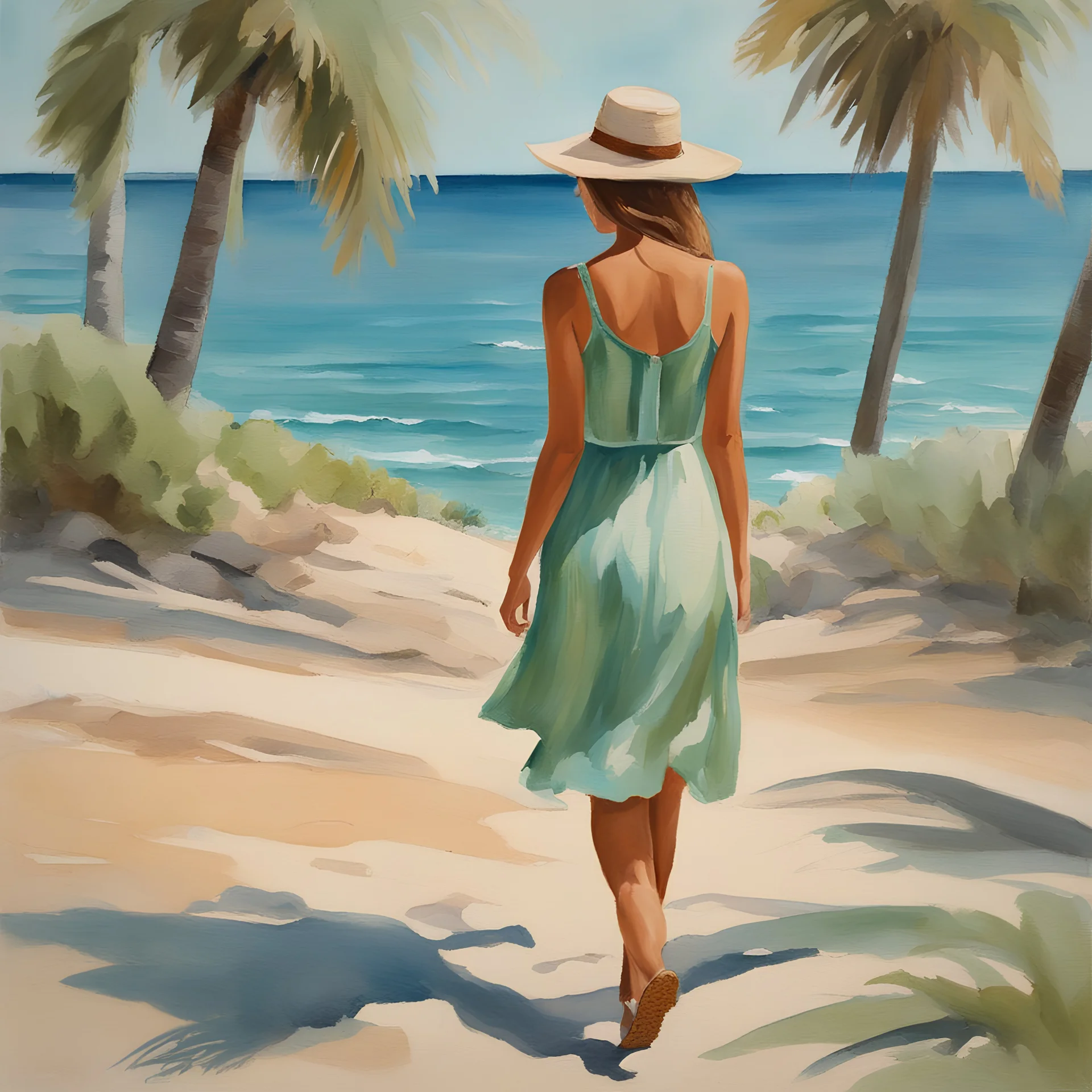 full body"portrait in close up of pretty woman,blue eyes, brown hair,, pastel green short dress, walking by beach , in Gouache Style, Watercolor, Museum Epic Impressionist Maximalist Masterpiece, Thick Brush Strokes, Impasto Gouache, thick layers of gouache watercolors textured on Canvas, 8k Resolution, Matte Painting by Alessandra Genualdo art