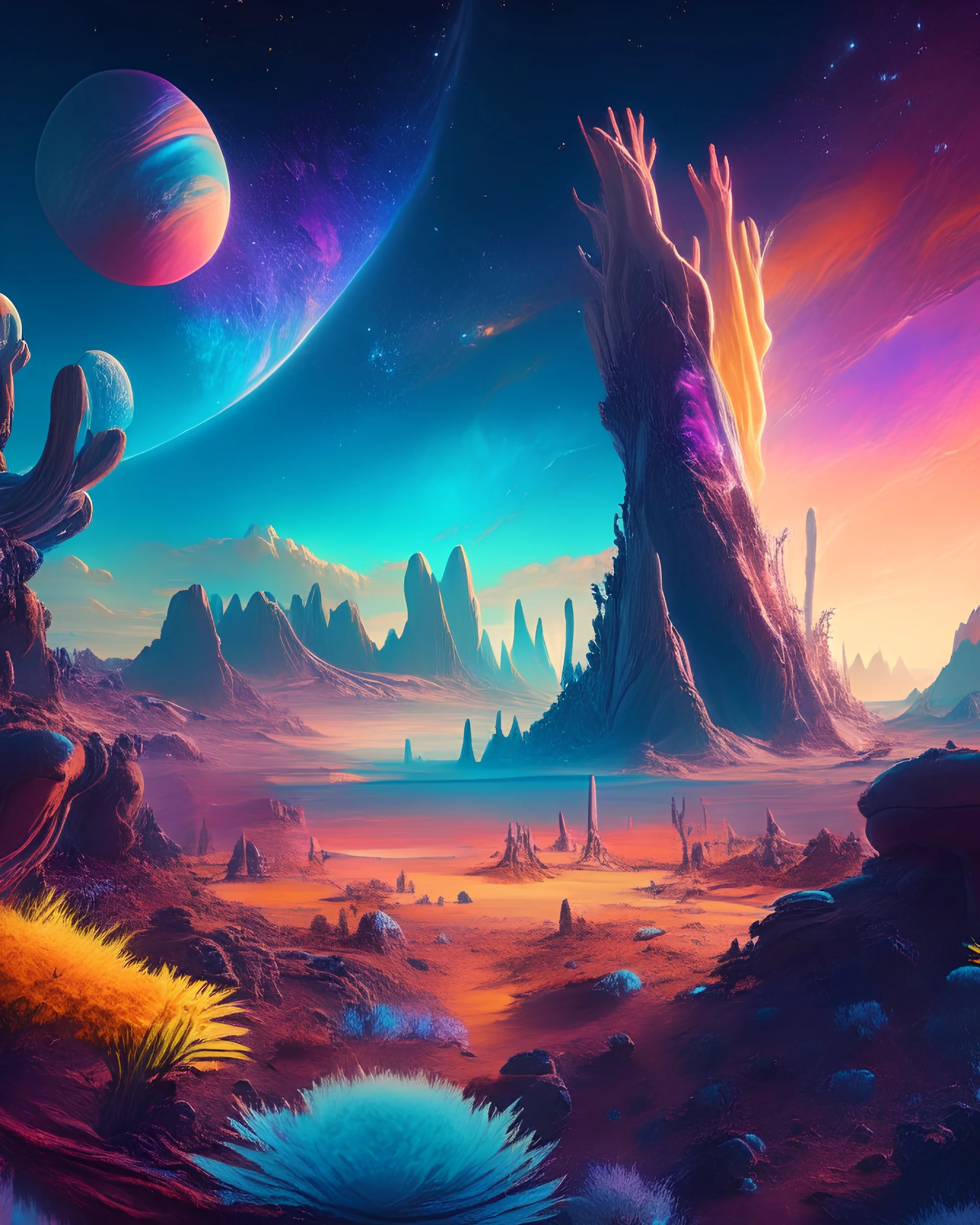 A breathtaking panorama of an alien landscape, with towering crystalline formations, glowing flora, and a vast, multicolored sky filled with celestial wonders. The scene is filled with a sense of awe and mystery, inviting the viewer to explore the uncharted terrain and ponder the unknown. 16K resolution, vivid colors, and imaginative details make this image a feast for the eyes.