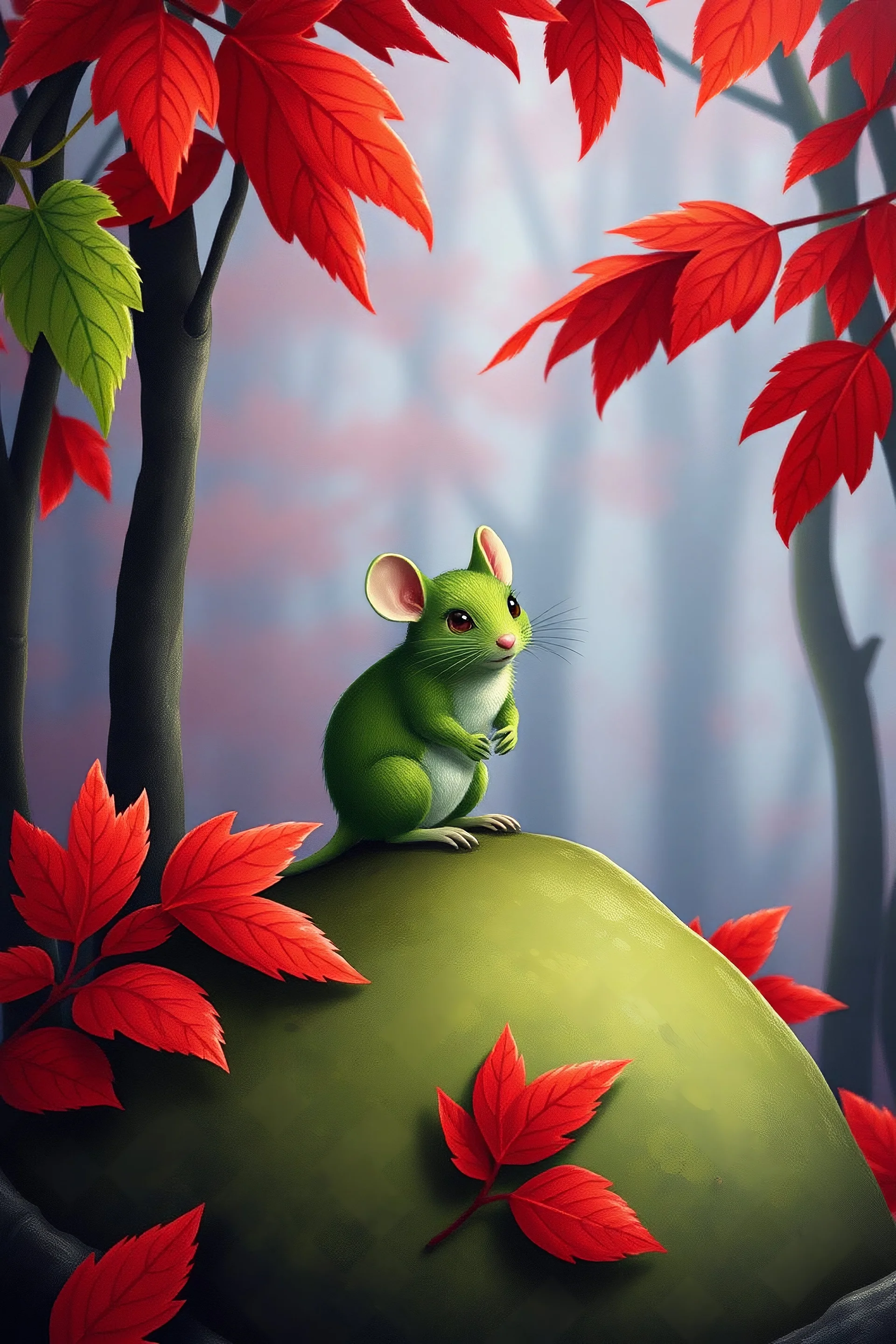 green mouse sitting in red autumn forrest