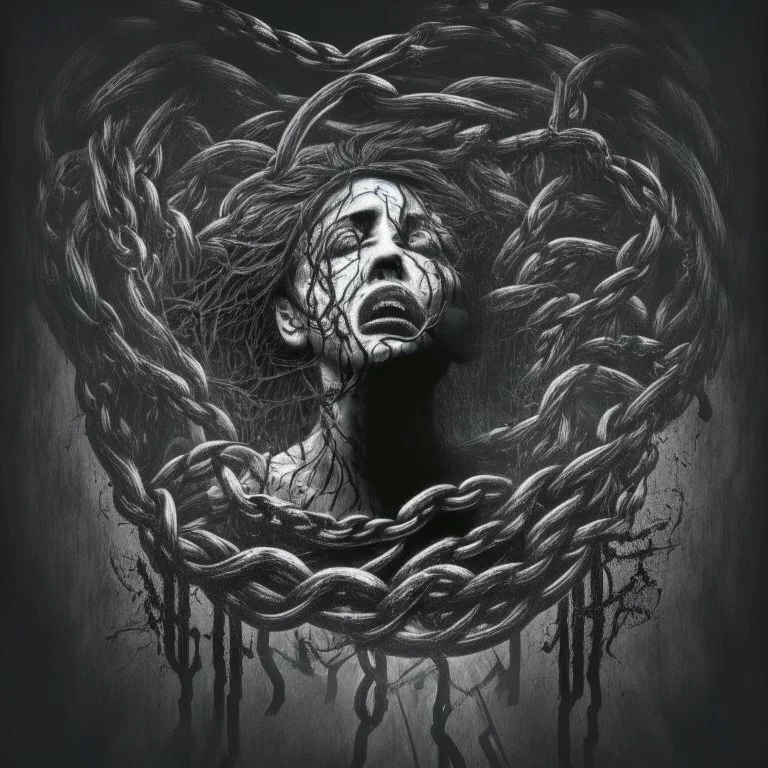 Generate an image that depicts a person trapped in the clutches of addiction, with visual elements symbolizing the allure and dangers of substance abuse, such as dark shadows, chains, or swirling vortexes.