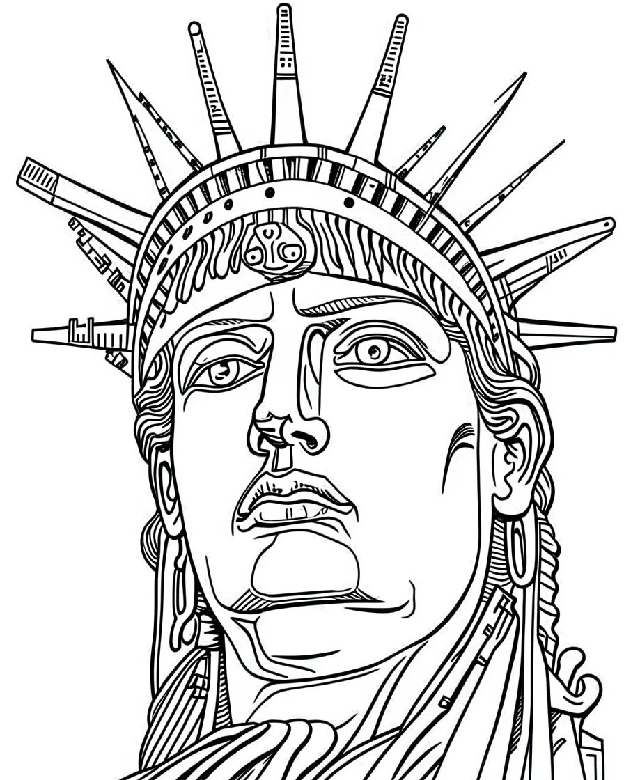 New York City Statue of Liberty Face coloring page, full body (((((white background))))), only use an outline., real style, line art, white color, clean line art, white background, Sketch style.