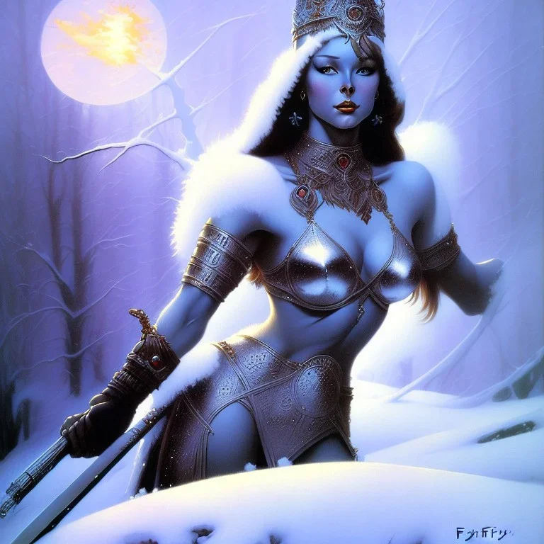 art by frank frazetta, stunning female winter warrior, ice queen, nip