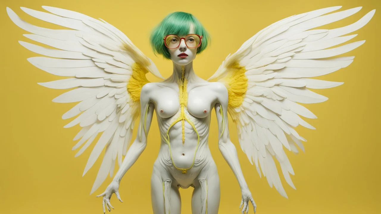 A surreal humanoid figure with white skin, green hair styled into a tall point, wearing glasses, with a transparent torso revealing internal organs, white wings on the back, holding a yellow figure in the lower torso, against a yellow background with a red curved line