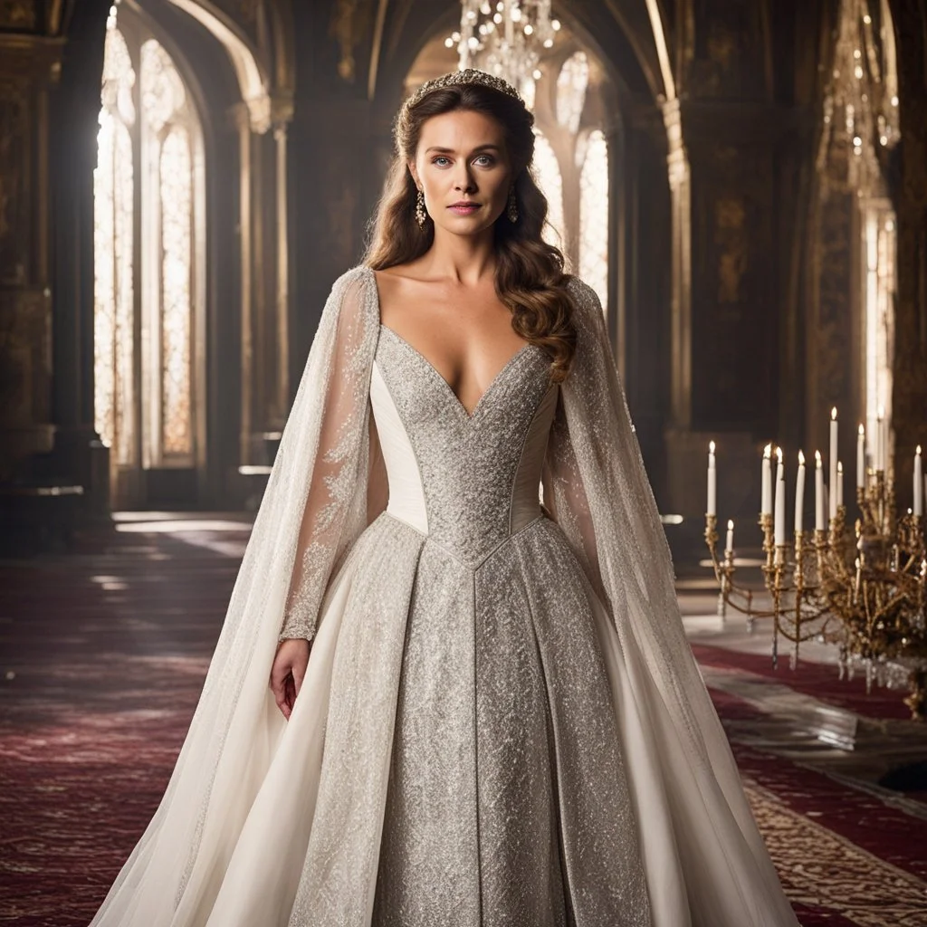 [game of thrones, queen 40 years old] In the grand throne room of Castle Evermoor, Lady Genevieve embodies grace and elegance, her poise matching that of her husband. Her flowing gown of rich fabric accentuates her beauty, and her eyes sparkle with a mix of intelligence and a gentle warmth that belies her strength. Though she may not hold a position of formal power, her insights and counsel are highly valued by Baron Cedric.