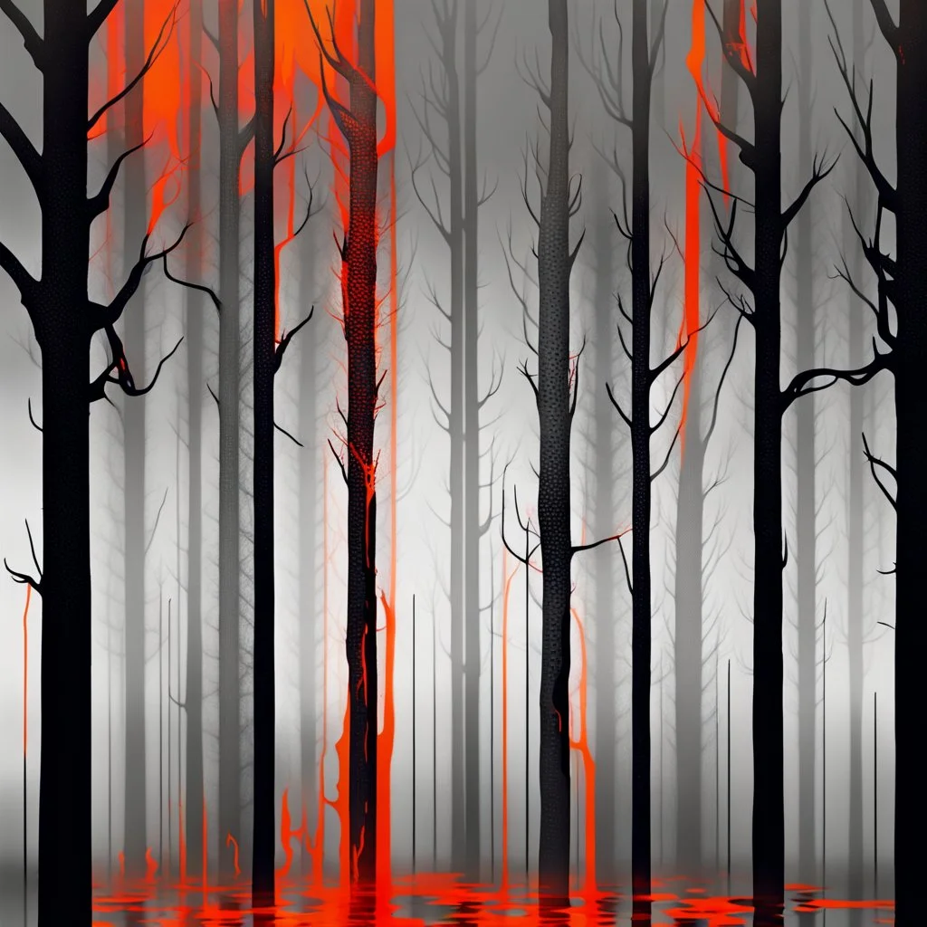 Glitch in the Matrix silhouette of tall dark trees, black, gray colors, surreal, foggy, mesh, red-gray-orange background, painted, lacy pattern melting, dreamlike scene, blurred with wet ink, masterpiece