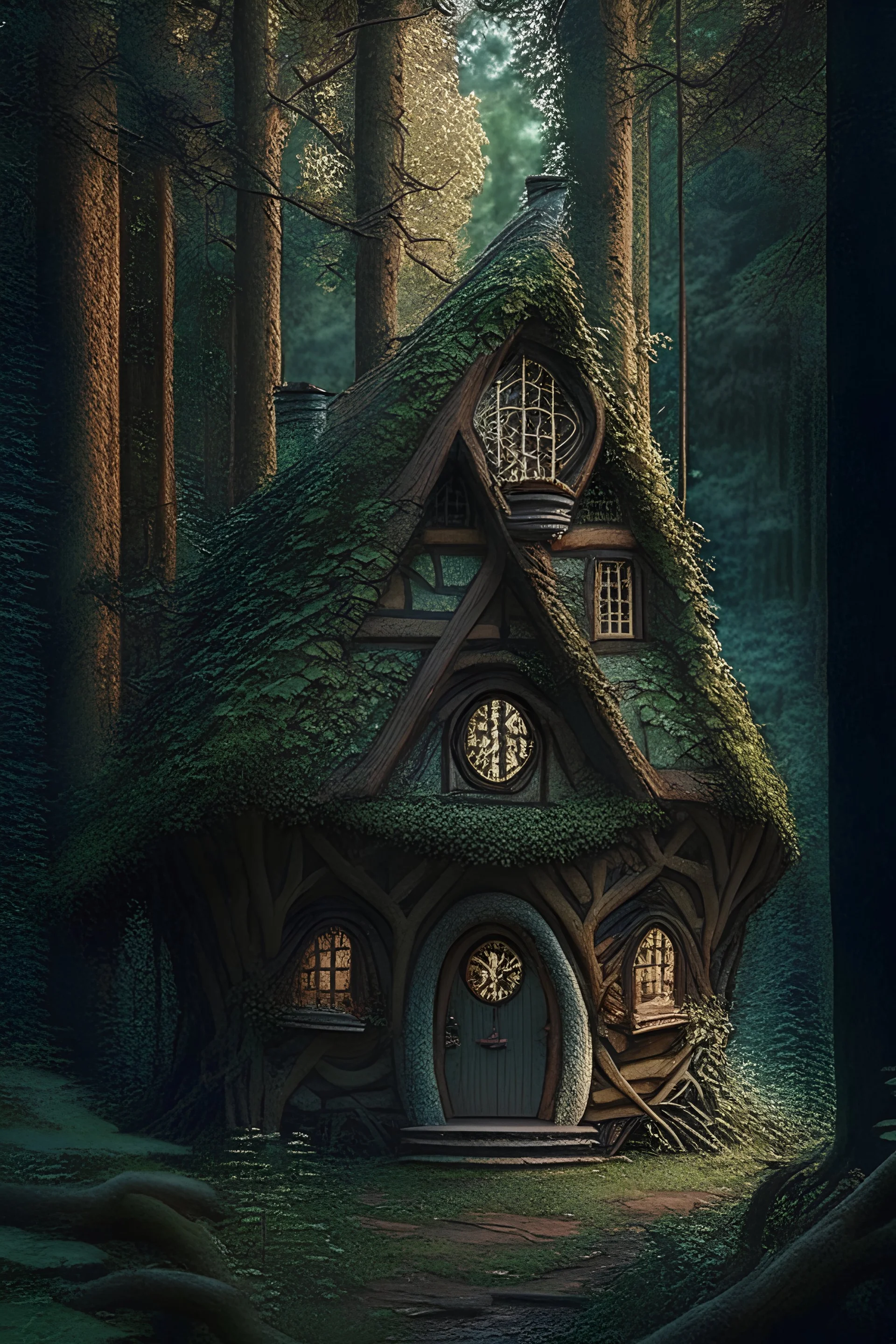 A cottage in the middle of a wood and on the roof is carved "The portal in the big woods"