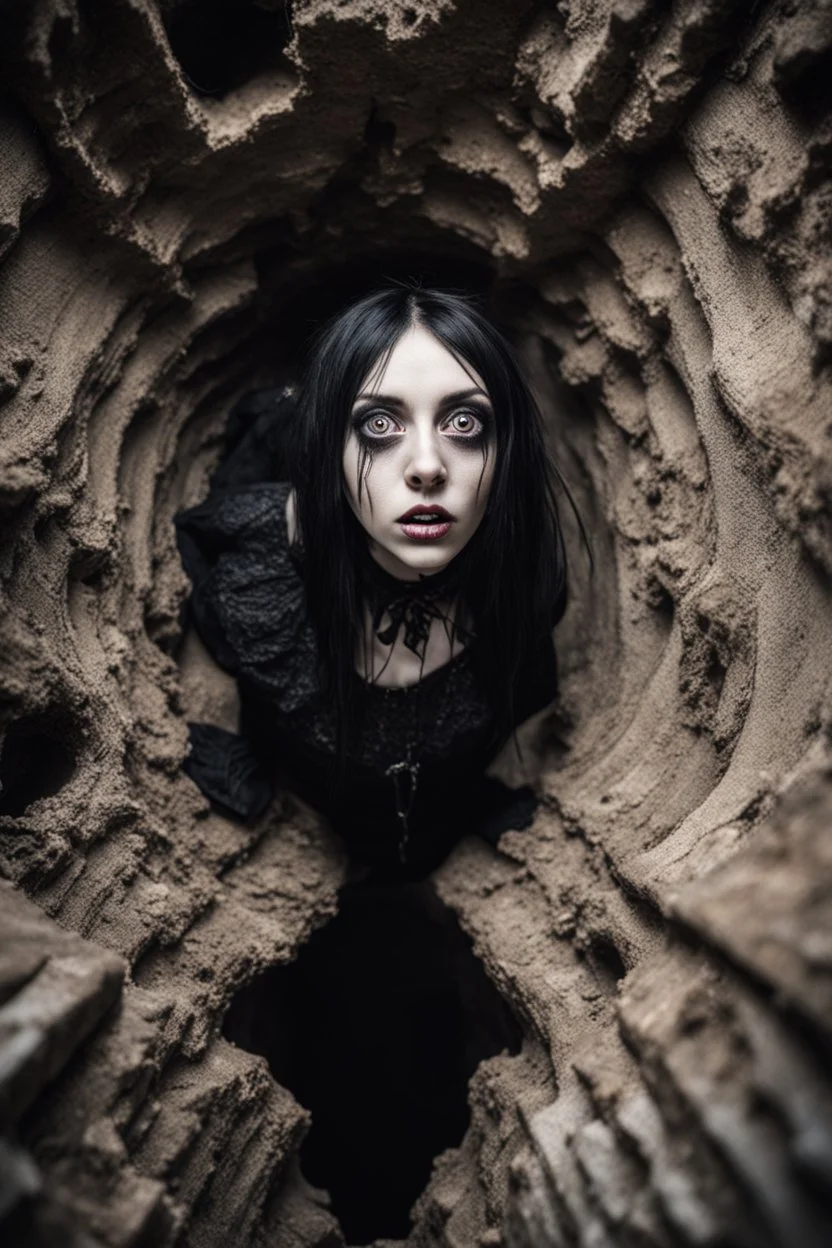 Closeup tall Girl goth with big eyes, fullbody, crushed inside claustrophobic really, ragged clothes, the perspective looking up from the bottom of an empty well , 8k,macro photography,