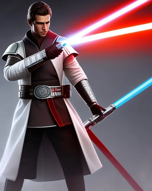 jedi, beau, tunique et armure de combat blanche, sabre laser, rouge, yeux rouge,