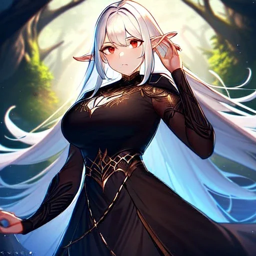 Clear focus,High resolution, High quality, elf, long white hair, red eyes, intricate details, insanely detailed, black dress