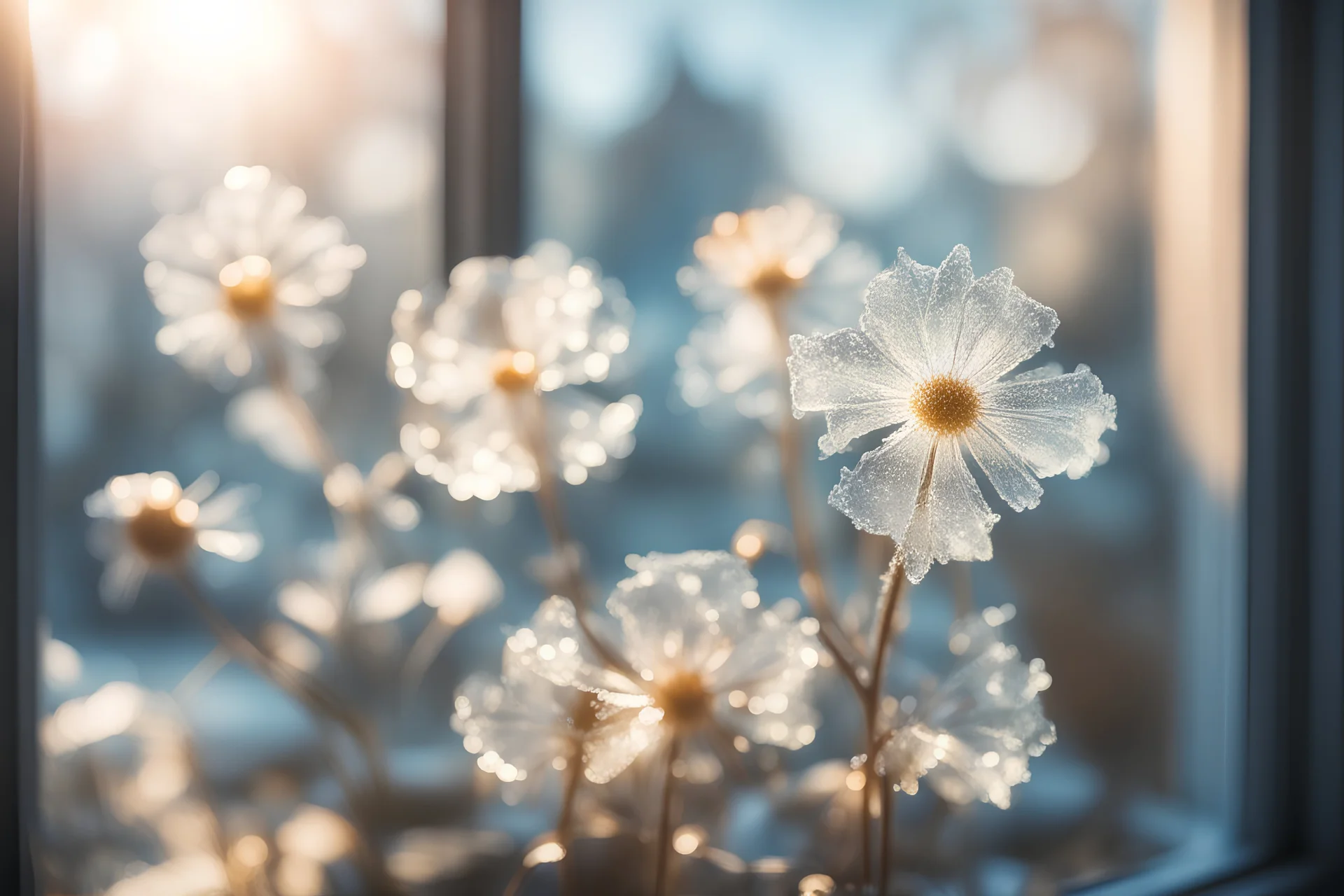 ice flowers on a window in sunshine, ethereal, cinematic postprocessing, bokeh, dof