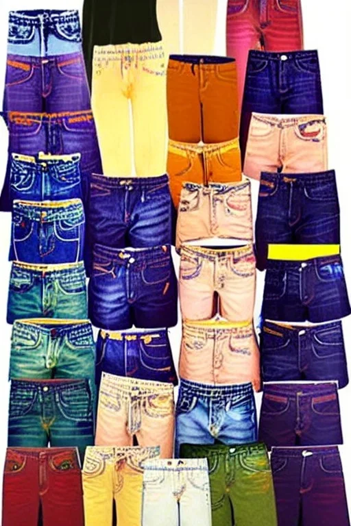 year 1996 denim fashion. Loose fit, low waist. Colors: denim blue, blue, purple, khaki, light green, lilac, plum, orange, terracotta, red, light yellow, lion yellow, pink, dark blue, beige.