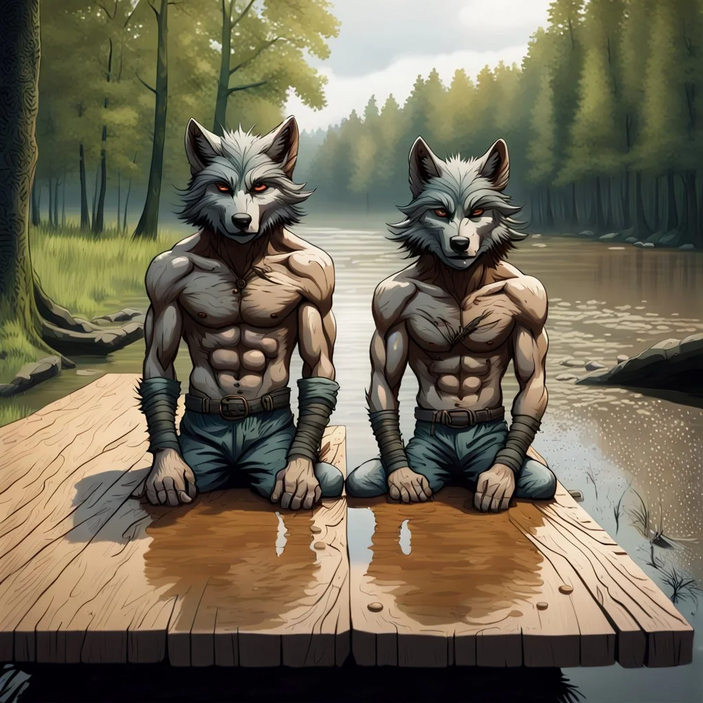 facing to the camera two wolf furry anthropomorphic human-wolf man hybrid lie exhausted and wet on their stomachs on two massive wooden boards next to a deep river, on the opposite bank in the distance, hour-long, thick-trunk trees are faintly visible, grass, mud, rain, high realistic, detailed, cinematic, sci-fi, digital art, dark fantasy mood