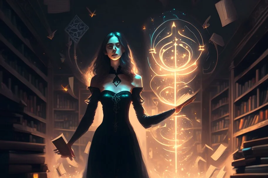 full-height shot of a woman in a tight black dress, holding up small glowing symbols, inside a magic book shop