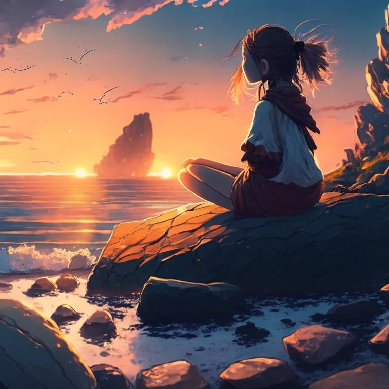 A girl is sitting on the edge of the rocks by the seashore and is meditating. The sun is setting, digital art, anime, 4k, full details