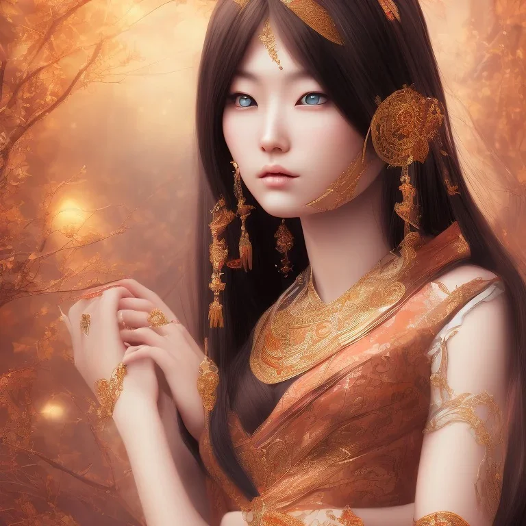 wonderful japanese woman, looking up, wearing indian clothes, long black hair, 4k, many details, very realistic, render