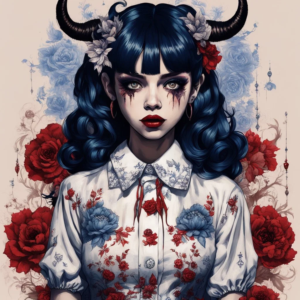 wears a smart shirt which is embroidered with bluered flowers and ornaments, has dark eyes and horns,Poster in two gradually, a one side malevolent goth vampire girl face and other side the Singer Melanie Martinez face, full body, painting by Yoji Shinkawa, darkblue and sepia tones,