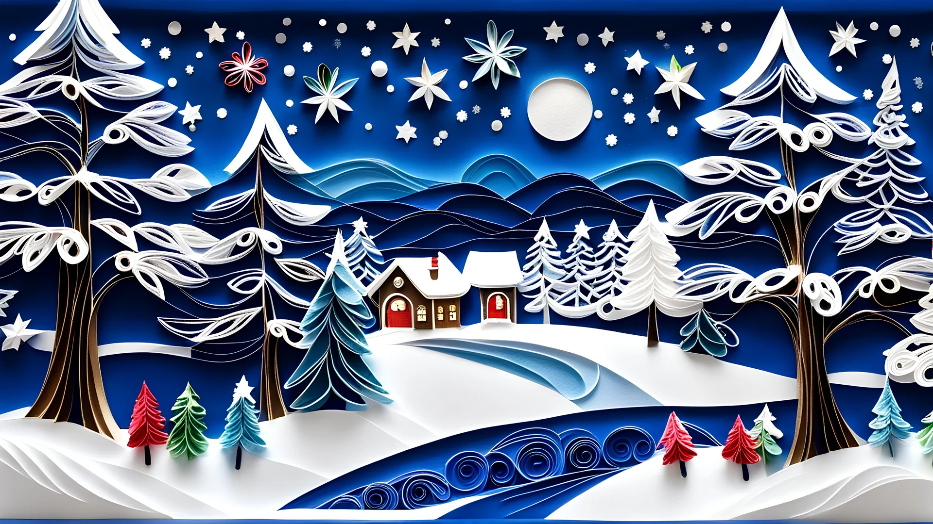 paper quilling art On a background shading from dark blue at the top to white at the bottom, a Christmas scene with a starlit sky and snow laden trees and children playing in the snow, while in the foreground the elves are hiding presents behind some low bushes.