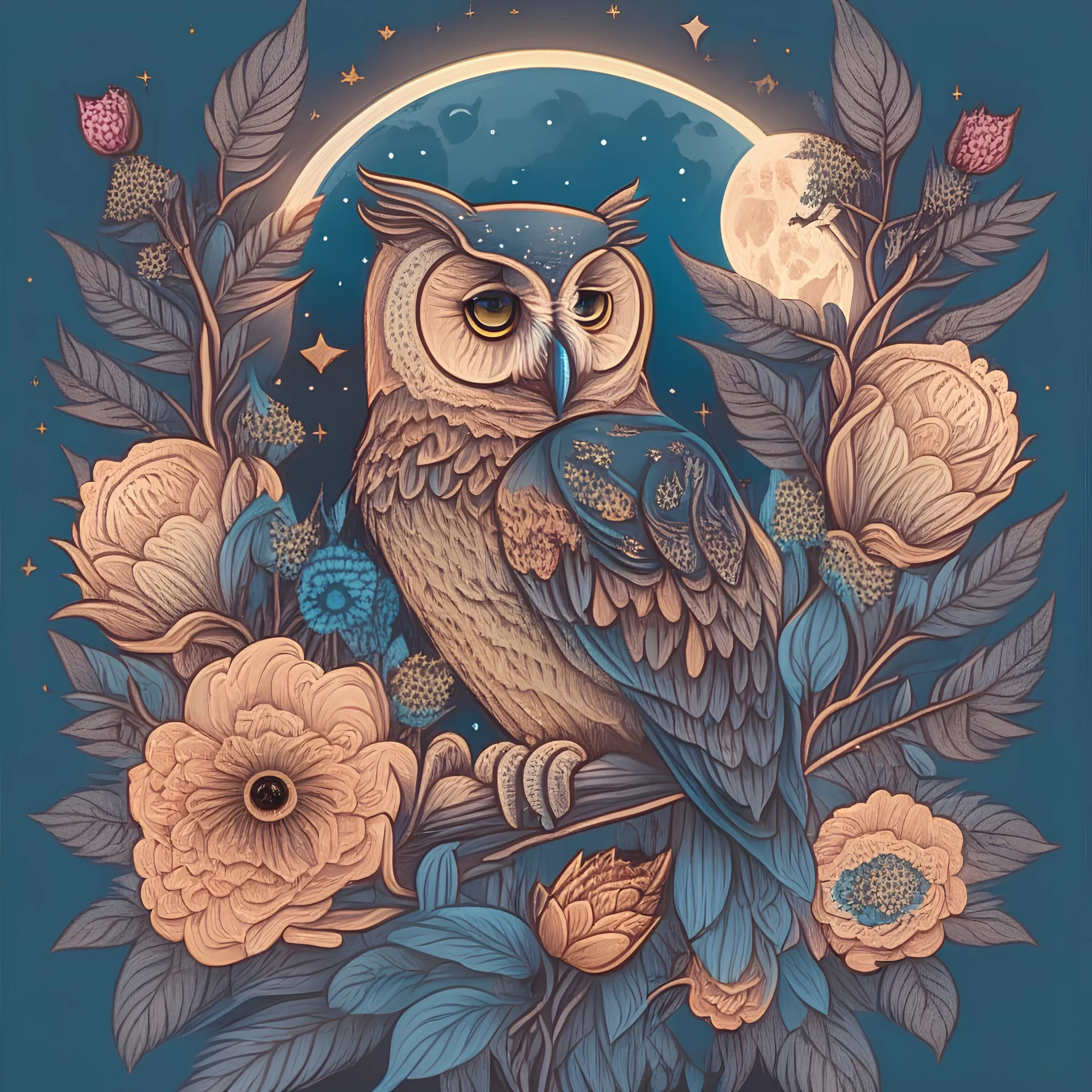 Best quality, masterpiece, ultra high res, detailed, illustration, design, flat vector style, high resolution, illustraTed, shadows and light, aesthetic, modern, ambient lighting, flat colors, vector illustration, owl, moon, leaves, stars, flowers, sailor jerry tattoo, old school tattoo