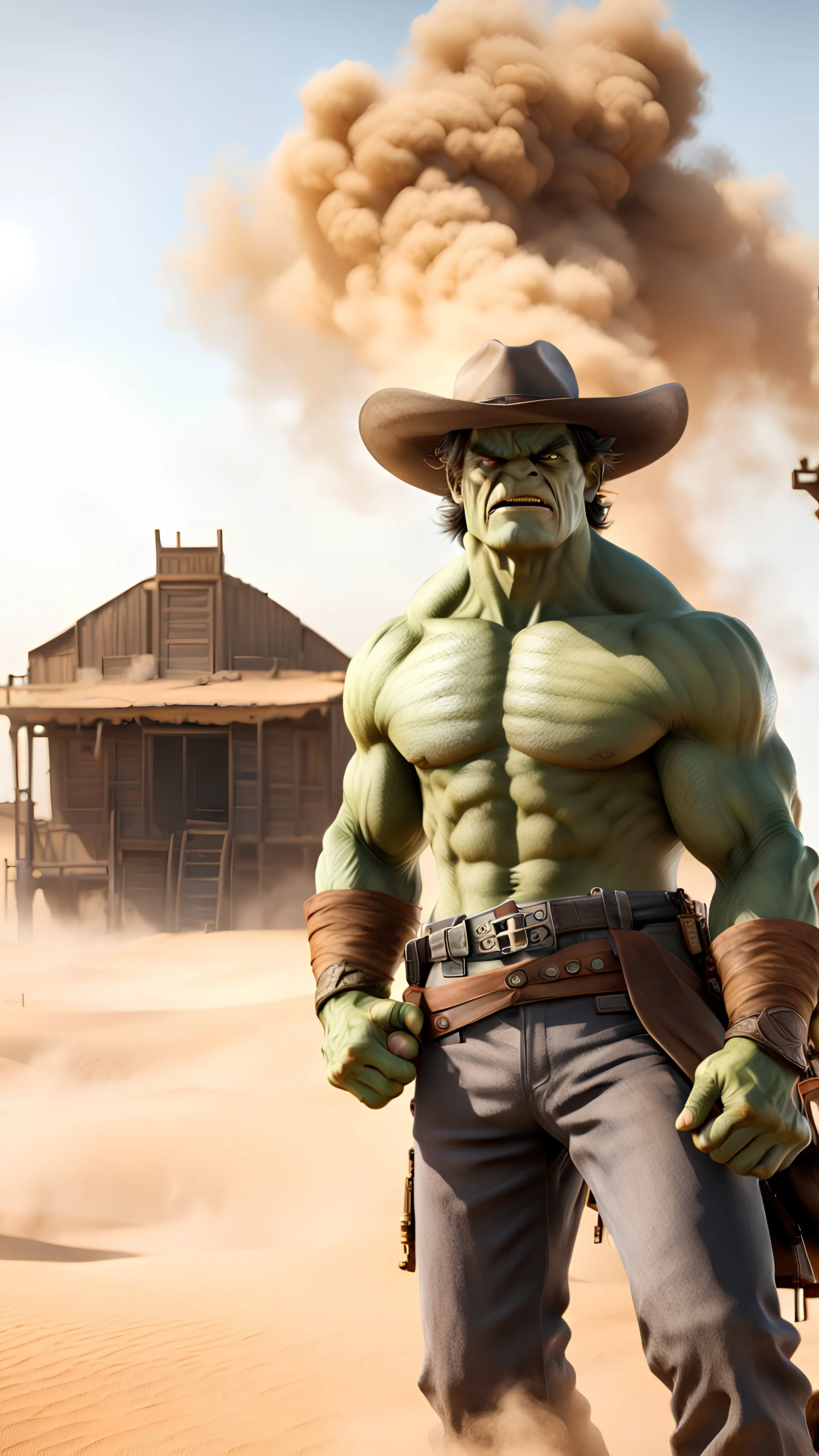 Hulk, cowboy, bandana over mouth, western, desert, with western village and saloon, sandstorm, old gun, bright sky, with blurry background, high quality, 8k
