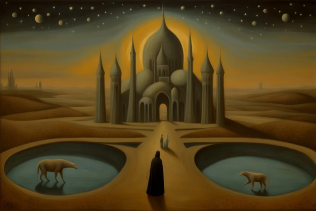 a surreal noctilucent city with arches, domes and rivers by artist "Leonora Carrington",by artist "Agostino Arrivabene",by artist David Inshaw"