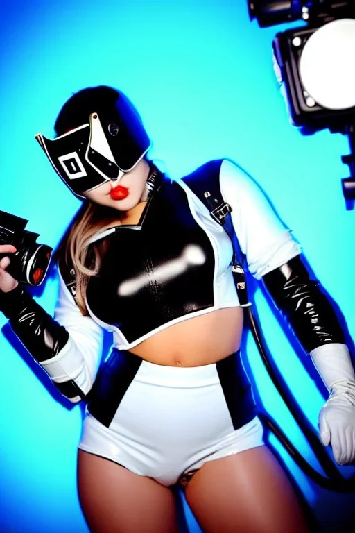 Cyber-punk style camera-mask. Large fencing mask covers cheeks. Trim girls. Reflective white plastic skin. Camera lenses as eyes. Head full of integrated old-fashioned cameras. Golden to cyan surfaces body, latex. Perfect body, thick thighs and calves. Asa Akira. Selfies with old-fashioned cameras in both hands. Wide hip, skirt bleats nicely. Camera at mons veneris and nipples. Partly symmetrical. Three Cameras hanging on wide plastic belt. Euclidean 3D-tiling. Fractal-camera-lens.Minimalism