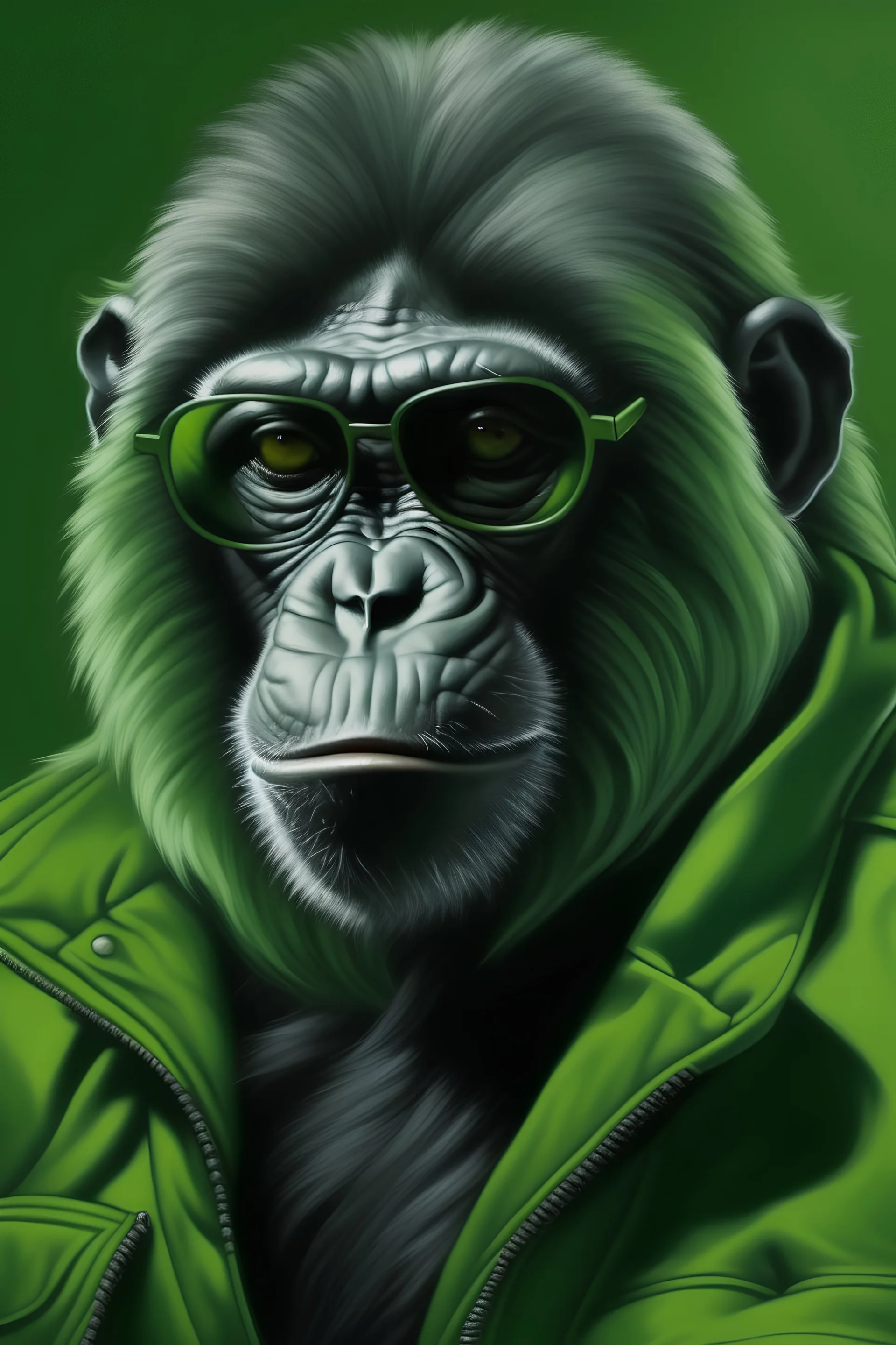 Portrait of a ape with dark glasses and green coat