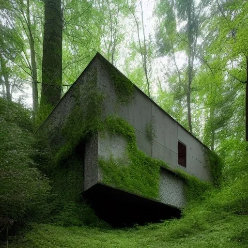 Overgrown concrete house in the forest