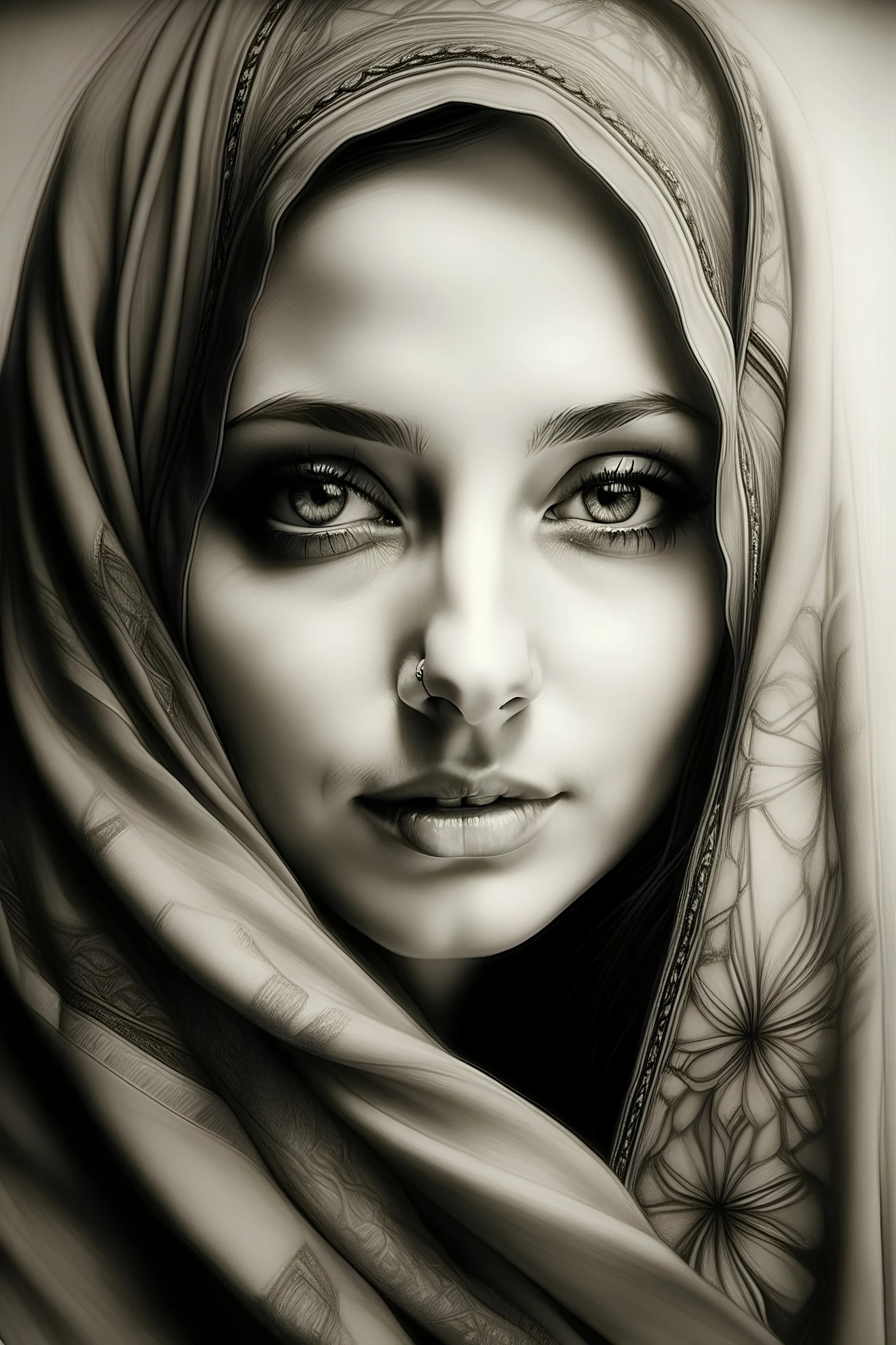 Draw me a picture of my beloved Mays, with big brown eyes, wearing her hijab, and with smooth, white skin