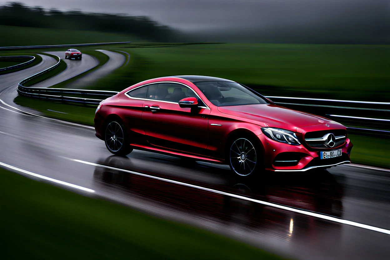 Mercedes Benz C 200 Coupe AMG-Line Hyazinth rot metallic in prasselndem Regen auf Autobahn beim Überholen