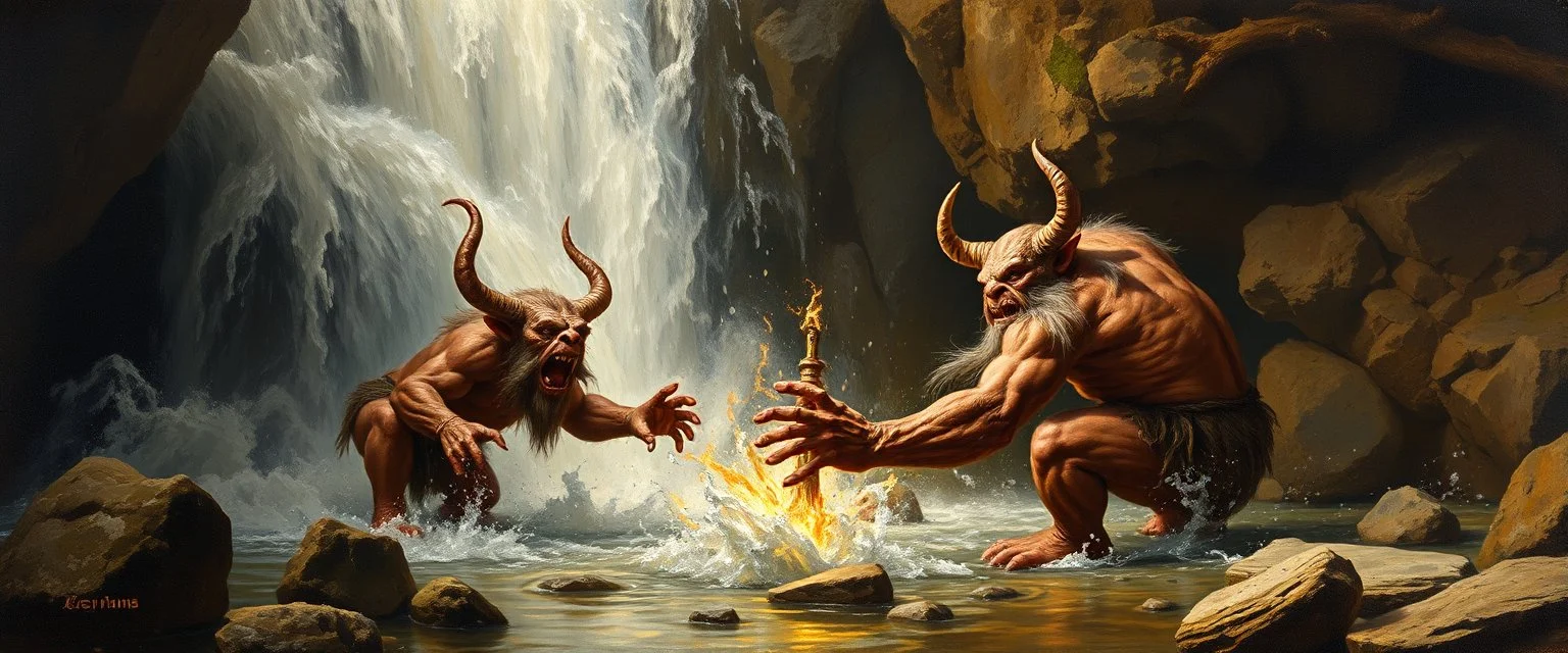 master oil painting by Rembrandt,trolls fighting inside waterfall