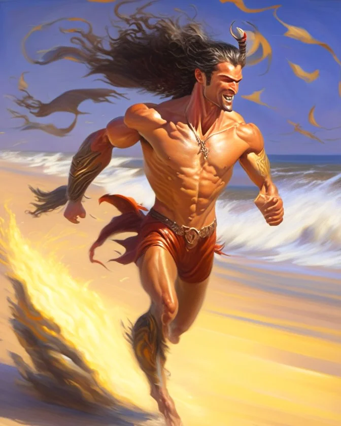 Oil painting of the dragónman corriendo en una playa 8x cuerpo completo cara humana con antifaz arte digital detallado cuerpo completo traje y botas cuerpo completo traje y botas