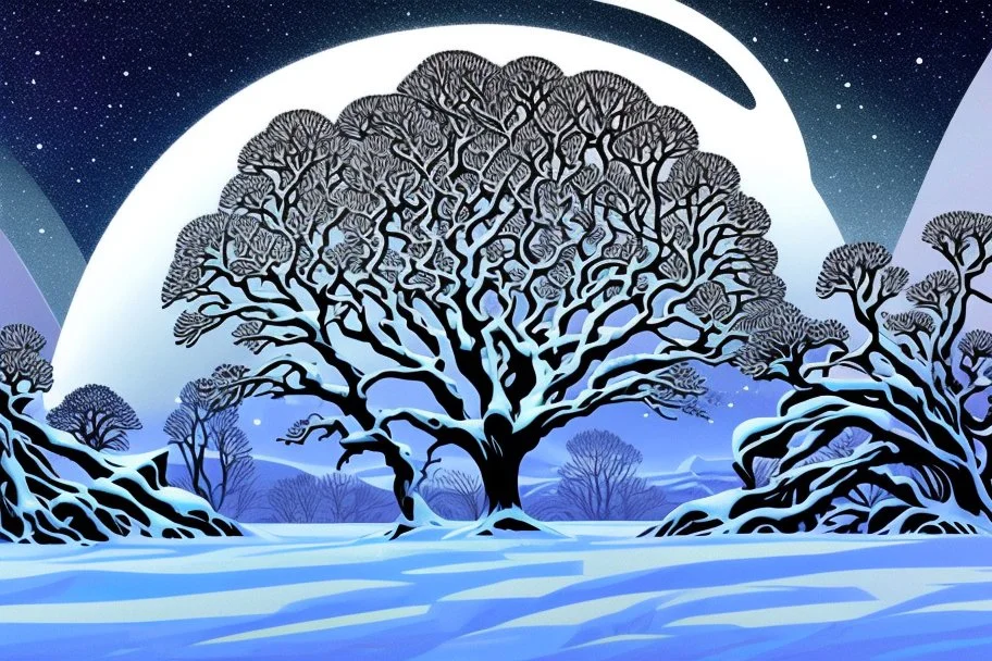 graphic drawing winter fantastical landscape, silver moon, round tree crowns, ice flowers, cold colors, a flat image with careful drawing and tracing of every detail, black background, cosmic bright color, folk art, Epic cinematic brilliant stunning intricate meticulously detailed dramatic atmospheric maximalist digital matte painting, perfect composition, masterpiece