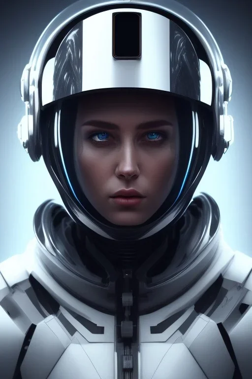 Black intergalactic pilot Quorra, portrait, bright white eyes, wearing high tech pilot helmet, beautiful face, white smoke, dark, rage, sorrow, high definition, ultra 8 k, volumetric lighting, blue fire, fog