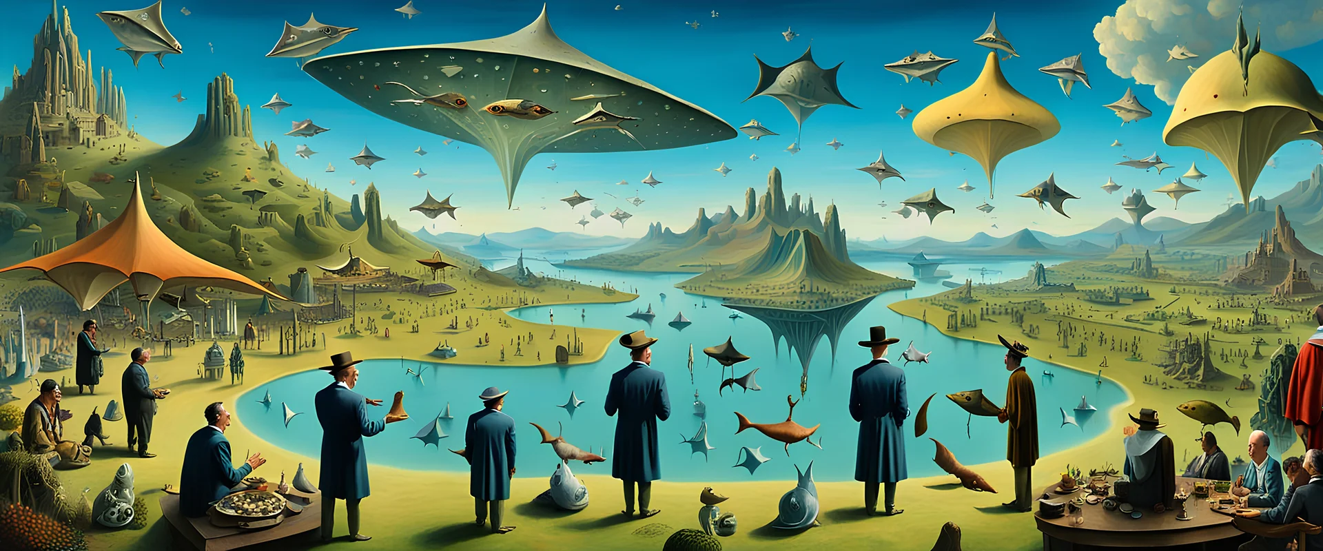 Mr Salvador Dali and Mr Hieronymus Bosch talking to each other at an outdoor surrealist market. A small flock of dream-like sky-manta-rays swim high in the far distance, with smaller weird sky-fish floating above the heads of the people at the beautiful surreal outdoor countryside summer scene with hills, waterfalls, and an intricate fractal sky, very high detail, photorealistic, epic cinematic, 8K, Large depth of field