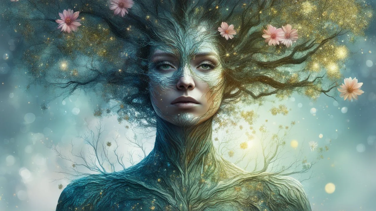 tree woman, digital painting, glitter, flower, clear lines, detail, fine rendering, high resolution, 4K, photorealism, sharp focus, double exposure, fantasy,