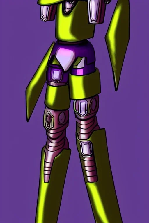 One Genderless Cyborg made of old rusted metal, has a human like face with a really long violet ponytail, they wear armor that is similar to Megaman. The color palatte of the armour is deep purple and yellow. They have Turquoise colured eyes. The Background is dark grey.