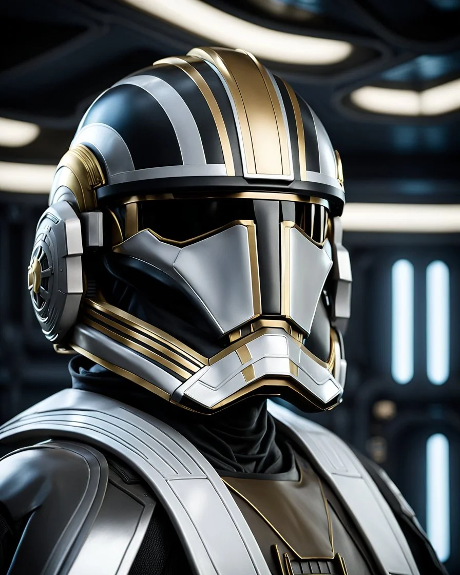 star wars bald male corellian pilot wearing pearlescent black and gunmetal grey First Order special forces armor and helmet with gold trim inside the jedi temple, centered head and shoulders portrait, hyperdetailed, dynamic lighting, hyperdetailed background, 8k resolution, volumetric lighting, light skin, fully symmetric details