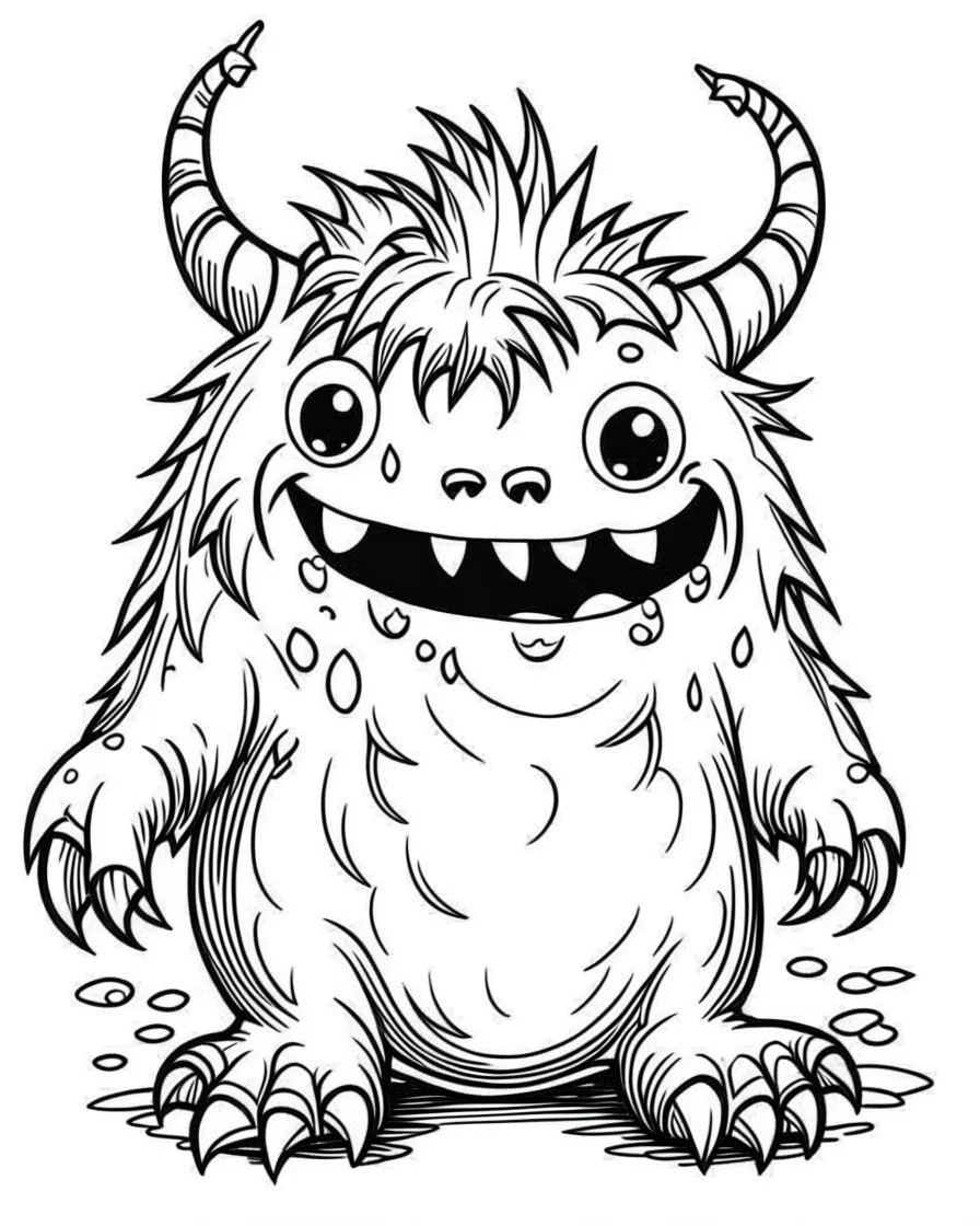 adorable creepy moster, line art, background, vector, svg, black outline on white background, leave plenty of white space beetween lines for coloring,full body,