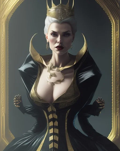 old evil queen in black leather gown, femme fatale, volouptous, busty, cleavage, angry, emperious, 8k resolution concept art portrait by Greg Rutkowski,