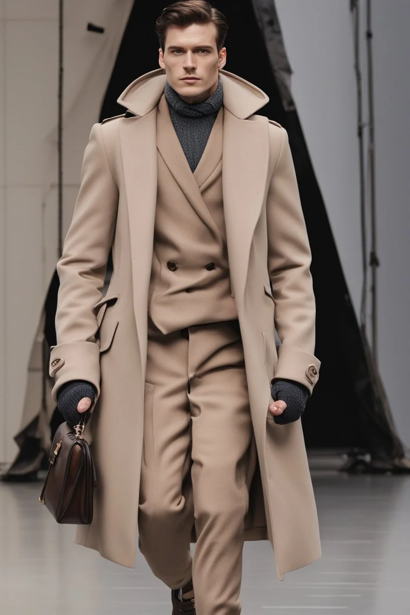 Men's Fashion runway Winter outfits inspired by Superman Emblem design beige tones