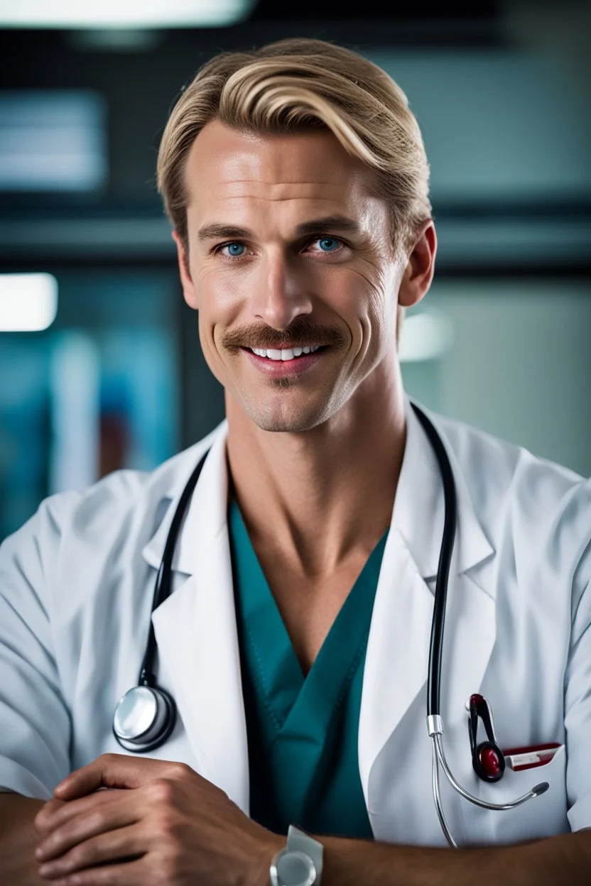 Mid-thirties, Caucasian male doctor, kind smile, blonde hair (slightly disheveled) thick blonde mustache, pale blue eyes, broad shoulders, muscular, six foot, Hawaiian shirt under white lab coat with bloodstains at the edges. Strong Jaw line, photo realistic