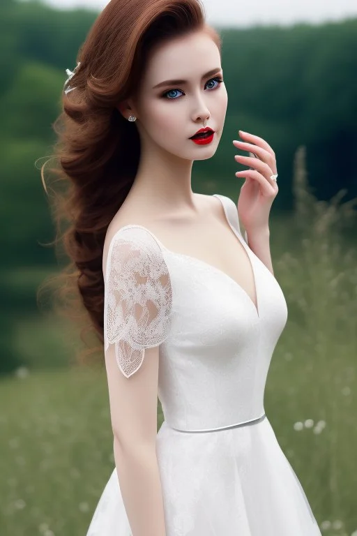 full shot body of very beautiful Woman with pale skin makeup , green eyes, long auburn hair, and high fashion sexy model silver dark gray lace dress , nice sport shoes. country side ,river ,country houses ,sharp focus