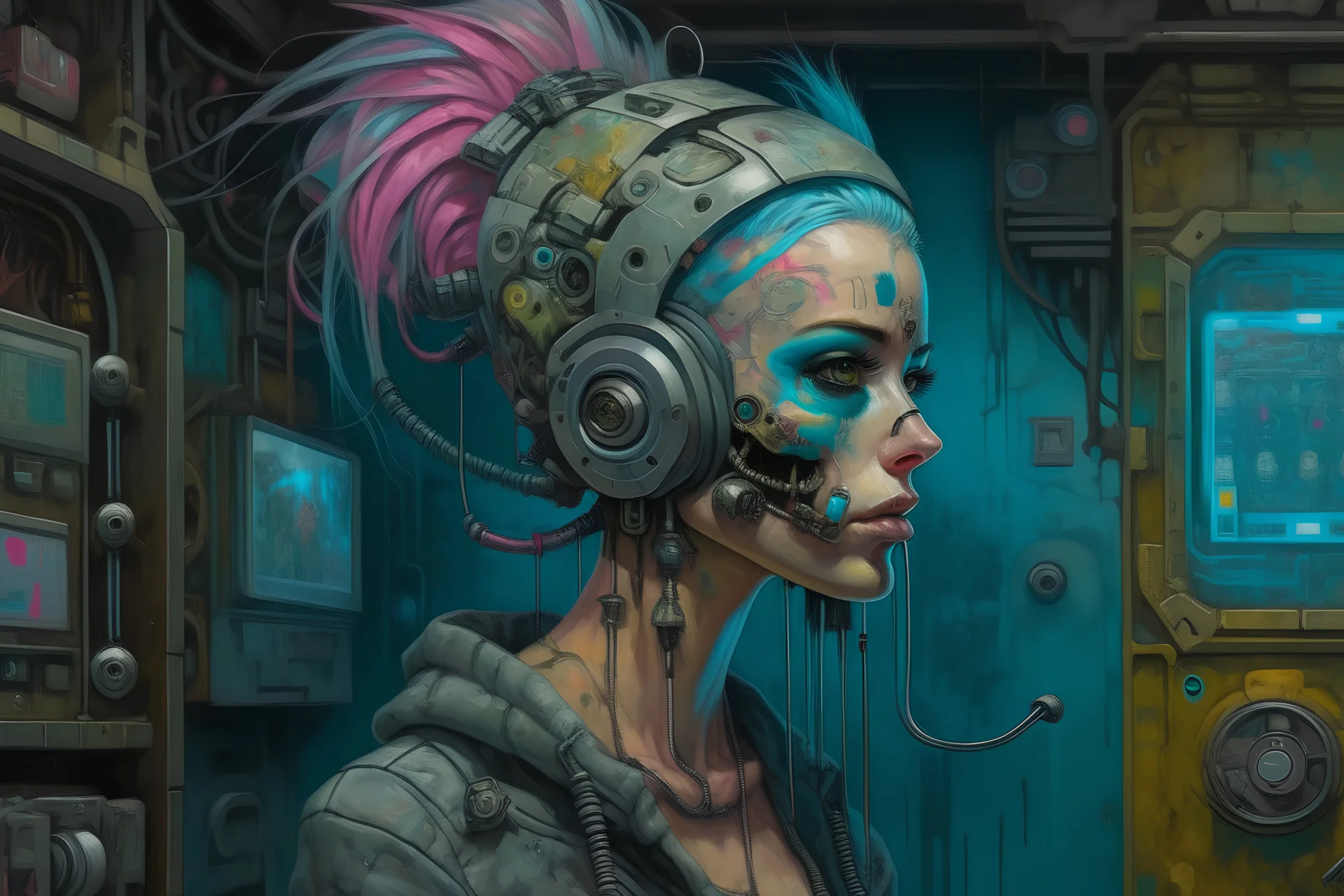 Cyberpunk wunderkammer painted by Frida , unsane details, soft colors